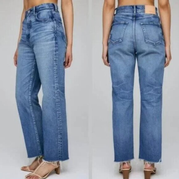 Moussy Vintage Jeans Size 29 Evelyn Cropped Straight Hi Medium Wash Raw Hem - Picture 1 of 9